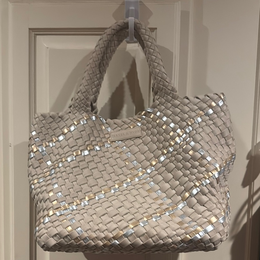 Tan Woven Tote Bag with Metallic Shine